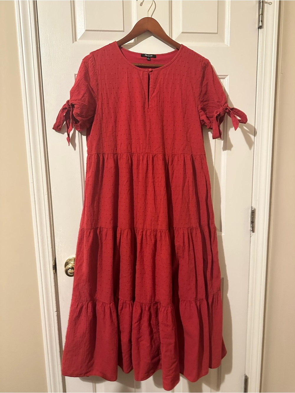 Madewell Red Tiered Midi Dress with Tie Sleeves - Picture 5 of 11